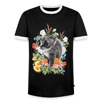 Katze Blumen - Männer Kontrast-T-Shirt - Schwarz/Weiß - Vorne - AI Model Female 172 light (172cm) & AI Model Male 178 light (178cm)