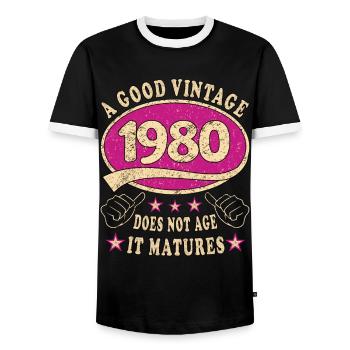 43rd Birthday 1980 43 Good vintage - Men's Ringer Shirt - black/white - Front - AI Model Female 172 light (172cm) & AI Model Male 178 light (178cm)