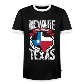 Achtung: Ich Komme Aus Texas Texaner Texanisch - Männer Kontrast-T-Shirt - Schwarz/Weiß - Vorne - AI Model Female 172 light (172cm) & AI Model Male 178 light (178cm)