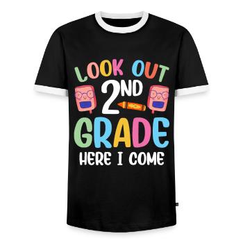 Attention second grade, I'm coming second graders - Men's Ringer Shirt - black/white - Front - AI Model Female 172 light (172cm) & AI Model Male 178 light (178cm)