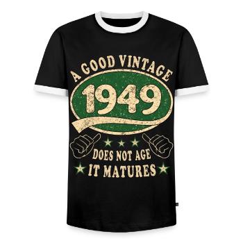 74th Birthday 1949 74 Good Vintage - Men's Ringer Shirt - black/white - Front - AI Model Female 172 light (172cm) & AI Model Male 178 light (178cm)