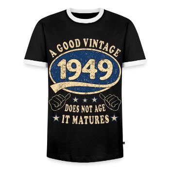 74th Birthday 1949 '74 Good vintage - Men's Ringer Shirt - black/white - Front - AI Model Female 172 light (172cm) & AI Model Male 178 light (178cm)