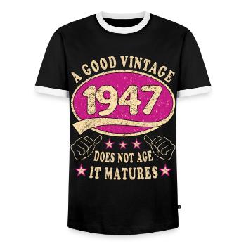 76th Birthday 1947 '76 Good Vintage - Men's Ringer Shirt - black/white - Front - AI Model Female 172 light (172cm) & AI Model Male 178 light (178cm)