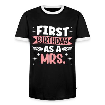 First Birthday As Woman Wife Pregnant Humor - Men's Ringer Shirt - black/white - Front - AI Model Female 172 light (172cm) & AI Model Male 178 light (178cm)