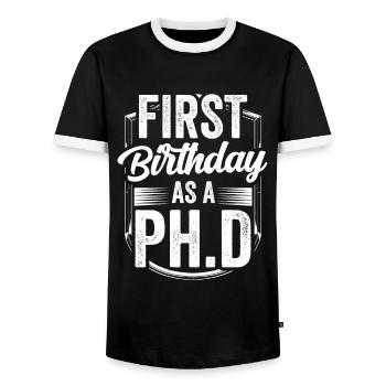 First birthday as a PhD student Sayings pregnant - Men's Ringer Shirt - black/white - Front - AI Model Female 172 light (172cm) & AI Model Male 178 light (178cm)
