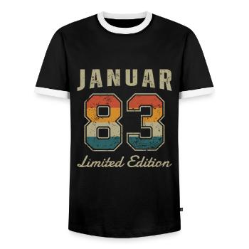 Date de naissance : Janvier 1983 - Edition Limitée Rétro - T-shirt contrasté Homme - noir/blanc - Devant - AI Model Female 172 light (172cm) & AI Model Male 178 light (178cm)