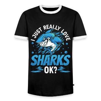 J’aime les requins vraiment ok requin requin dent de requin - T-shirt contrasté Homme - noir/blanc - Devant - AI Model Female 172 light (172cm) & AI Model Male 178 light (178cm)