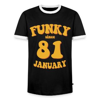 Funky Birthday: January 1981 - Flower Power - Men's Ringer Shirt - black/white - Front - AI Model Female 172 light (172cm) & AI Model Male 178 light (178cm)