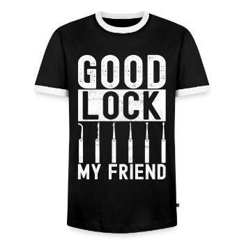 Schlüsseldienst Serrurier Dietrich - T-shirt contrasté Homme - noir/blanc - Devant - AI Model Female 172 light (172cm) & AI Model Male 178 light (178cm)