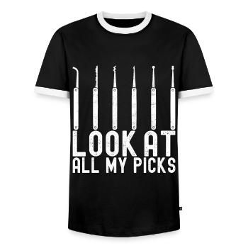 Schlüsseldienst Serrurier Dietrich - T-shirt contrasté Homme - noir/blanc - Devant - AI Model Female 172 light (172cm) & AI Model Male 178 light (178cm)