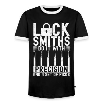 Schlüsseldienst Serrurier Dietrich - T-shirt contrasté Homme - noir/blanc - Devant - AI Model Female 172 light (172cm) & AI Model Male 178 light (178cm)