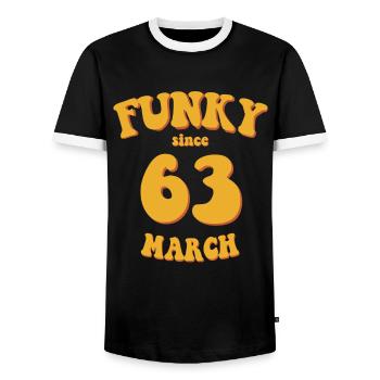 Funky Birthday: March 1963 - Flower Power - Men's Ringer Shirt - black/white - Front - AI Model Female 172 light (172cm) & AI Model Male 178 light (178cm)