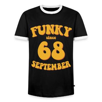 Funky Birthday: September 1968 - Flower Power - Men's Ringer Shirt - black/white - Front - AI Model Female 172 light (172cm) & AI Model Male 178 light (178cm)