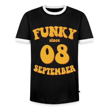 Funky Birthday: September 2008 - Flower Power - Men's Ringer Shirt - black/white - Front - AI Model Female 172 light (172cm) & AI Model Male 178 light (178cm)