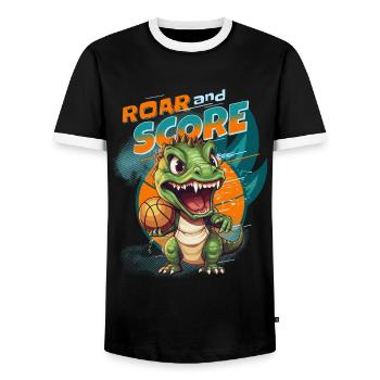 Basketball Dino T-Rex Player Sports Comic Cartoon - Men's Ringer Shirt - black/white - Front - AI Model Female 172 light (172cm) & AI Model Male 178 light (178cm)