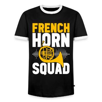 Horn Brass Instrument - Men's Ringer Shirt - black/white - Front - AI Model Female 172 light (172cm) & AI Model Male 178 light (178cm)