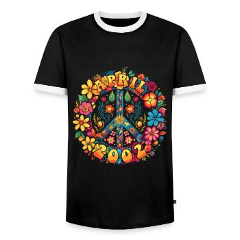 Flower Power Hippie Birthday - April 2002 - Men's Ringer Shirt - black/white - Front - AI Model Female 172 light (172cm) & AI Model Male 178 light (178cm)