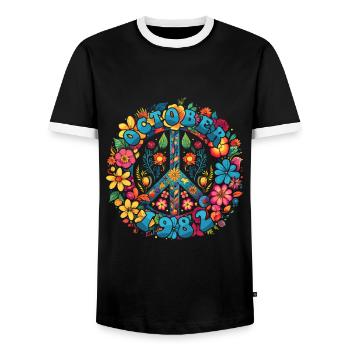 Flower Power Hippie Geburstag - Oktober 1982 - Männer Kontrast-T-Shirt - Schwarz/Weiß - Vorne - AI Model Female 172 light (172cm) & AI Model Male 178 light (178cm)