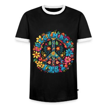 Flower Power Hippie Geburstag - Dezember 1982 - Männer Kontrast-T-Shirt - Schwarz/Weiß - Vorne - AI Model Female 172 light (172cm) & AI Model Male 178 light (178cm)