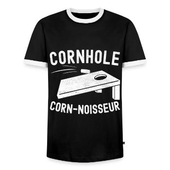 Cornhole Player Cornhole Board - Men's Ringer Shirt - black/white - Front - AI Model Female 172 light (172cm) & AI Model Male 178 light (178cm)
