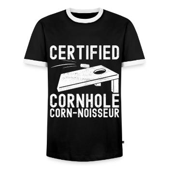Cornhole Player Cornhole Board - Men's Ringer Shirt - black/white - Front - AI Model Female 172 light (172cm) & AI Model Male 178 light (178cm)
