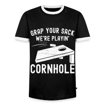Cornhole Player Cornhole Board - Men's Ringer Shirt - black/white - Front - AI Model Female 172 light (172cm) & AI Model Male 178 light (178cm)