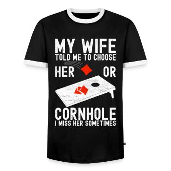 Cornhole Player Cornhole Board - Men's Ringer Shirt - black/white - Front - AI Model Female 172 light (172cm) & AI Model Male 178 light (178cm)