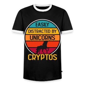 Crypto Crypto-monnaie Licorne - T-shirt contrasté Homme - noir/blanc - Devant - AI Model Female 172 light (172cm) & AI Model Male 178 light (178cm)