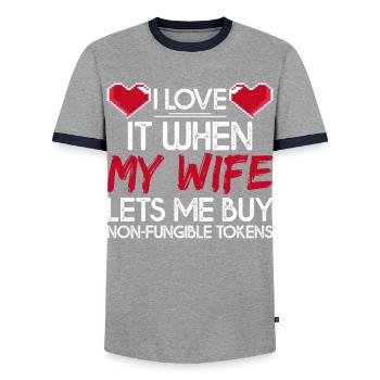 NFT - Men's Ringer Shirt - grey/navy  - Front - AI Model Female 172 light (172cm) & AI Model Male 178 light (178cm)