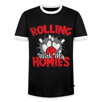 Rolling with my Homies Retro Bowling Gift - Men's Ringer Shirt - black/white - Front - AI Model Female 172 light (172cm) & AI Model Male 178 light (178cm)