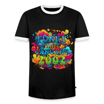 Funky Birthday: January 2002 - Psychadelic - Men's Ringer Shirt - black/white - Front - AI Model Female 172 light (172cm) & AI Model Male 178 light (178cm)