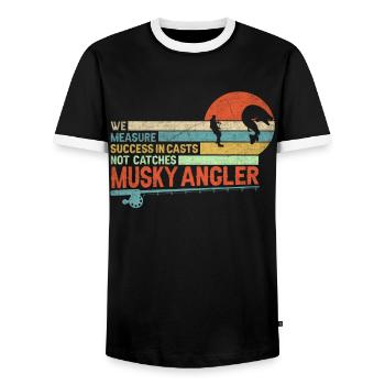 We Measure Sucess In Casts Not Catches - Musky - Men's Ringer Shirt - black/white - Front - AI Model Female 172 light (172cm) & AI Model Male 178 light (178cm)