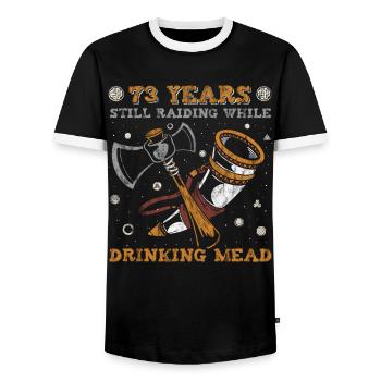 73 Years Still Raiding While Drinking Mead - 73. - Men's Ringer Shirt - black/white - Front - AI Model Female 172 light (172cm) & AI Model Male 178 light (178cm)
