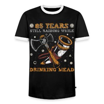 85 Years Still Raiding While Drinking Mead - 85. - Men's Ringer Shirt - black/white - Front - AI Model Female 172 light (172cm) & AI Model Male 178 light (178cm)