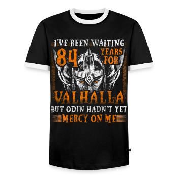 Waiting 84 Years for Valhalla 84th Birthday - Men's Ringer Shirt - black/white - Front - AI Model Female 172 light (172cm) & AI Model Male 178 light (178cm)