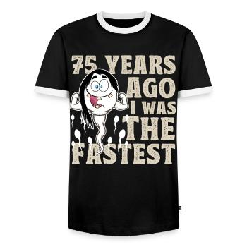 75. Geburtstag 75 Jahre War Ich Mal Der Schnellste - Männer Kontrast-T-Shirt - Schwarz/Weiß - Vorne - AI Model Female 172 light (172cm) & AI Model Male 178 light (178cm)