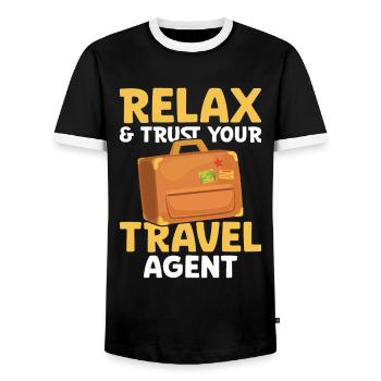 Relax & Trust Your Reisebüro - Männer Kontrast-T-Shirt - Schwarz/Weiß - Vorne - AI Model Female 172 light (172cm) & AI Model Male 178 light (178cm)