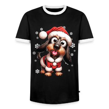 Teckel à poil dur Noël - T-shirt contrasté Homme - noir/blanc - Devant - AI Model Female 172 light (172cm) & AI Model Male 178 light (178cm)