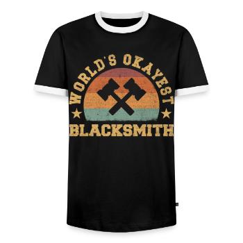 Retro World's Okayest Blacksmith - Men's Ringer Shirt - black/white - Front - AI Model Female 172 light (172cm) & AI Model Male 178 light (178cm)