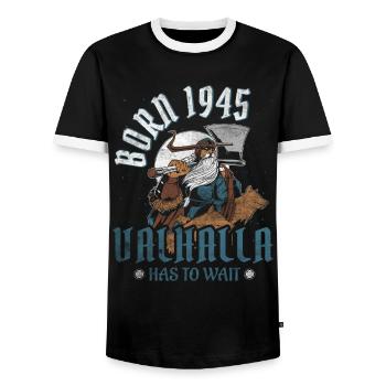 Odin's Sons Are Born 1945 Viking 79th Birthday - Men's Ringer Shirt - black/white - Front - AI Model Female 172 light (172cm) & AI Model Male 178 light (178cm)