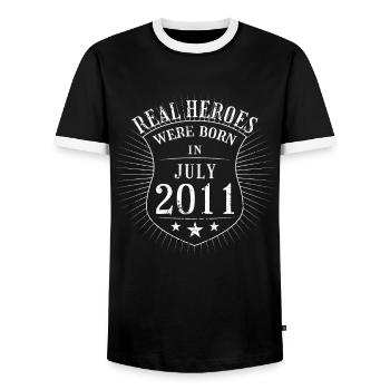 Real Heroes were born in July 2011 Birthday - Men's Ringer Shirt - black/white - Front - AI Model Female 172 light (172cm) & AI Model Male 178 light (178cm)