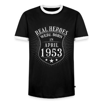 Real Heroes were born in April 1953 Birthday - Men's Ringer Shirt - black/white - Front - AI Model Female 172 light (172cm) & AI Model Male 178 light (178cm)
