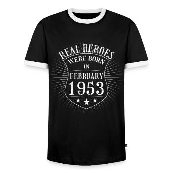 Real Heroes were born in February 1953 Birthday - Men's Ringer Shirt - black/white - Front - AI Model Female 172 light (172cm) & AI Model Male 178 light (178cm)