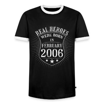 Real Heroes were born in February 2006 Birthday - Men's Ringer Shirt - black/white - Front - AI Model Female 172 light (172cm) & AI Model Male 178 light (178cm)