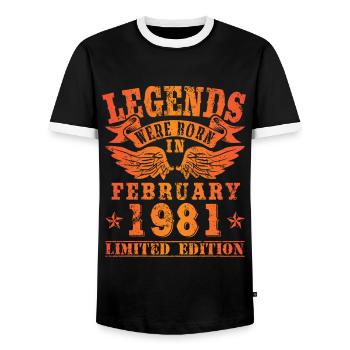 Les légendes sont nées en février 1981 - T-shirt contrasté Homme - noir/blanc - Devant - AI Model Female 172 light (172cm) & AI Model Male 178 light (178cm)