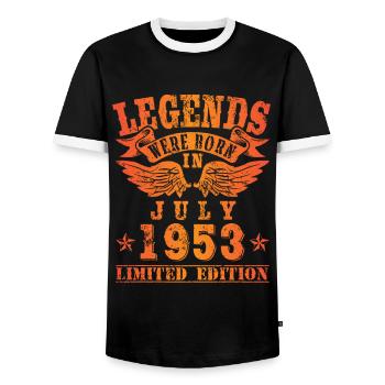 Legends were born in July 1953 Birthday - Men's Ringer Shirt - black/white - Front - AI Model Female 172 light (172cm) & AI Model Male 178 light (178cm)