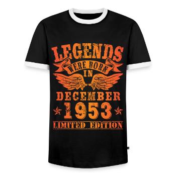 Legends were born in December 1953 Birthday - Men's Ringer Shirt - black/white - Front - AI Model Female 172 light (172cm) & AI Model Male 178 light (178cm)