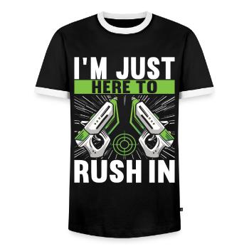 Laser Tag Birthday Laser Tag Player - Men's Ringer Shirt - black/white - Front - AI Model Female 172 light (172cm) & AI Model Male 178 light (178cm)