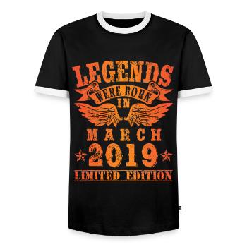 Legends were born in March 2019 Birthday - Men's Ringer Shirt - black/white - Front - AI Model Female 172 light (172cm) & AI Model Male 178 light (178cm)