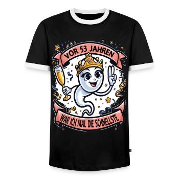 Il y a 53 ans, j’étais la femme la plus rapide - T-shirt contrasté Homme - noir/blanc - Devant - AI Model Female 172 light (172cm) & AI Model Male 178 light (178cm)